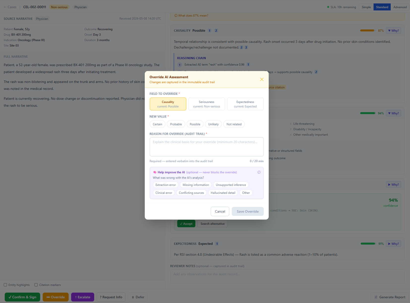 Physician override modal: causality, seriousness, and expectedness with a documented rationale field — the reason becomes part of the immutable record