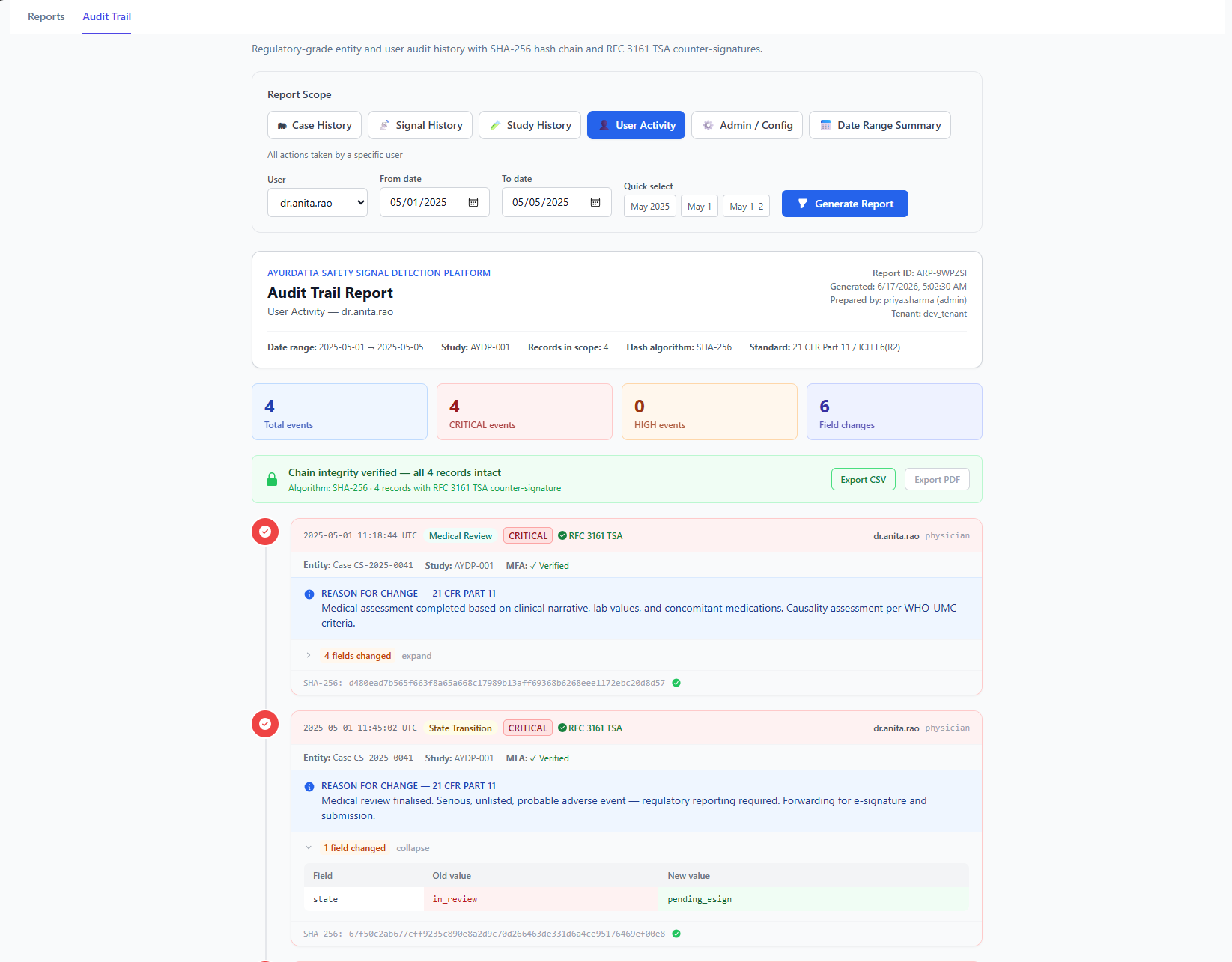 Audit Trail Report: CFR 21 Part 11-aligned log with timestamps, reviewer identity, changed fields, and documented rationale — exportable for inspection