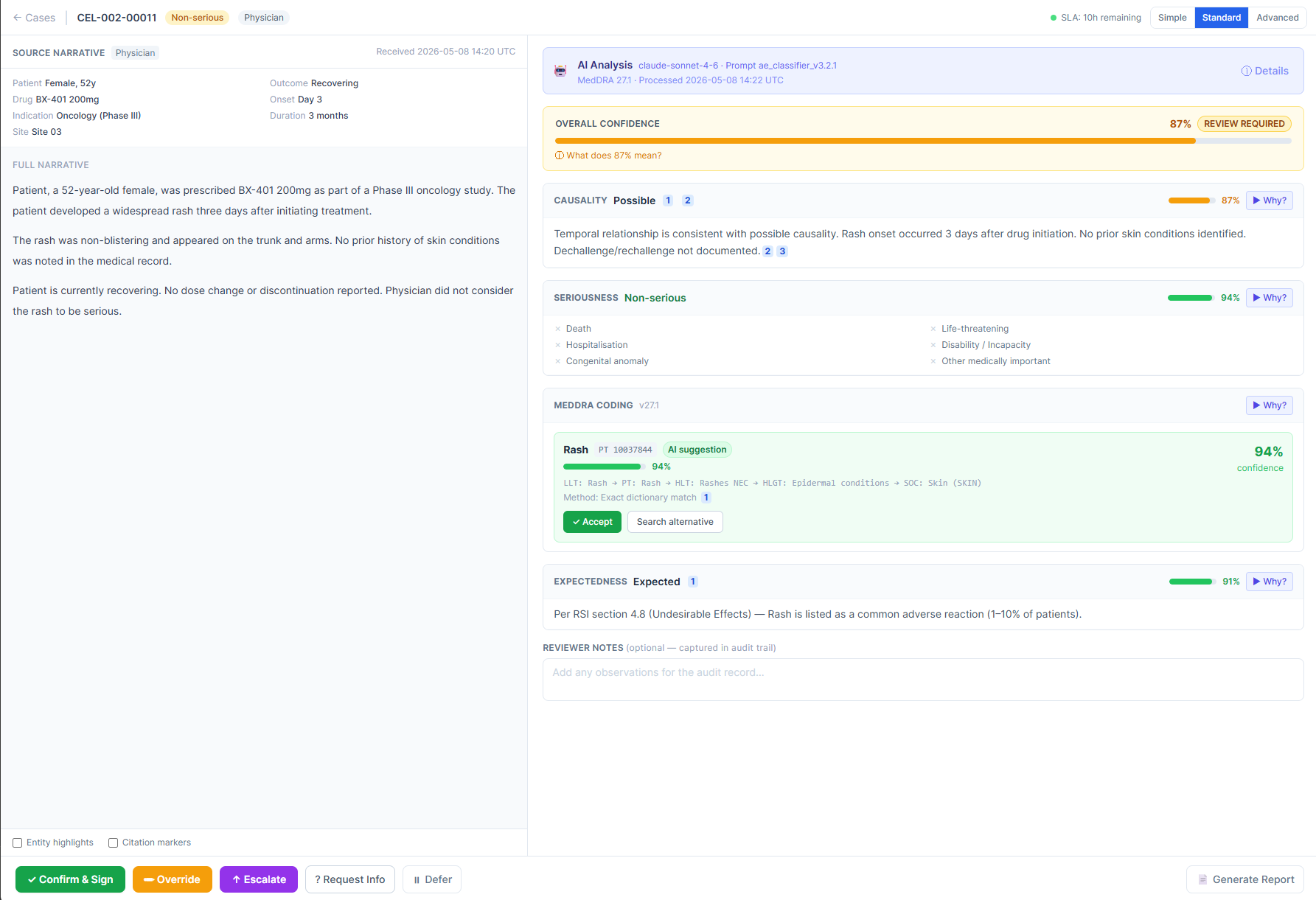 Workbench case view: AI analysis with causality and expectedness, awaiting physician Confirm & Sign